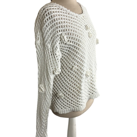 Vintage Sugar Co Ltd White Crochet Open Knit Sweater 3D Floral Ramie Cotton Sz S - Picture 2 of 6